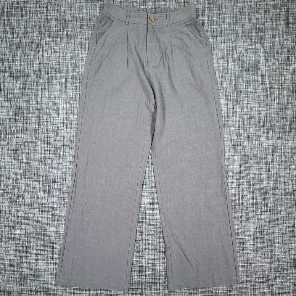 Women's Linen Blend Wide Leg Pants Elastic Back Waist Gray Size Medium